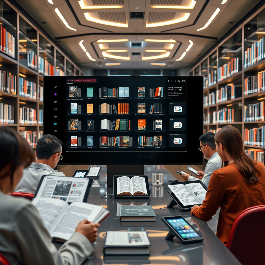 Moderne online bibliotheek interface met digitale boeken en tablets, gebruikers die lezen op verschillende apparaten, futuristische bibliotheek omgeving met gloeiende schermen