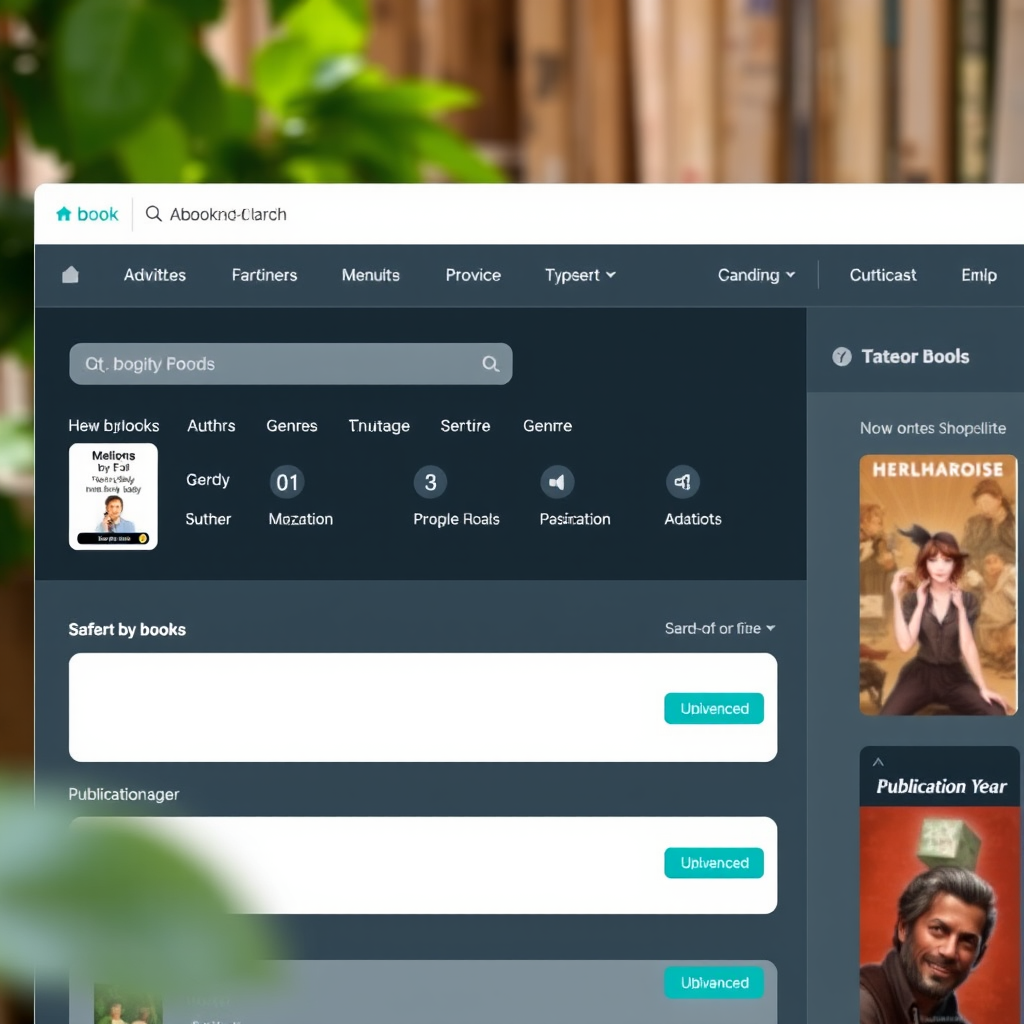 Moderne interface van Abookn-Cloud met geavanceerde zoekfilters, toont een gebruiker die boeken zoekt op auteur, genre en publicatiejaar met turquoise accenten en donkere achtergrond