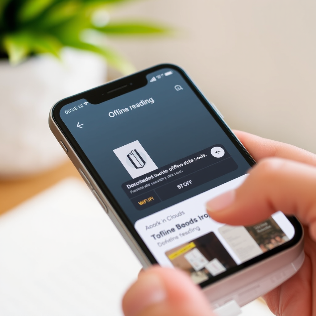 Moderne smartphone met Abookn-Cloud app interface die offline leesfunctie toont, met gedownloade boeken zichtbaar op het scherm en een wifi-uit indicator