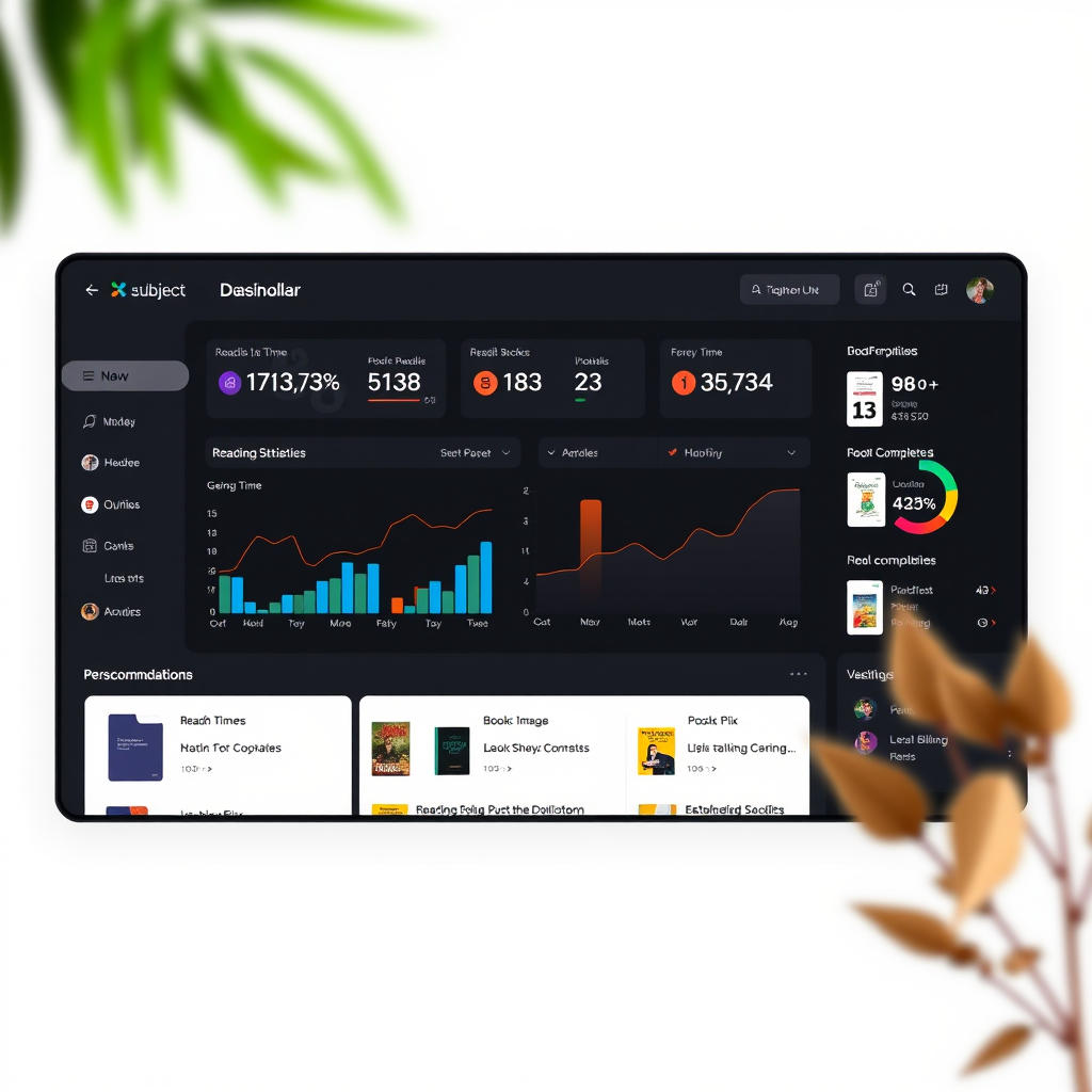 Modern dashboard interface showing reading statistics with colorful charts, graphs displaying reading time, books completed, and personalized book recommendations on a dark themed digital library platform