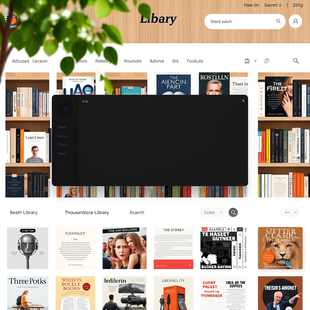 Een moderne digitale bibliotheek interface met duizenden boeken, tijdschriften en audioboeken georganiseerd in een elegante grid layout met zoekfunctionaliteit