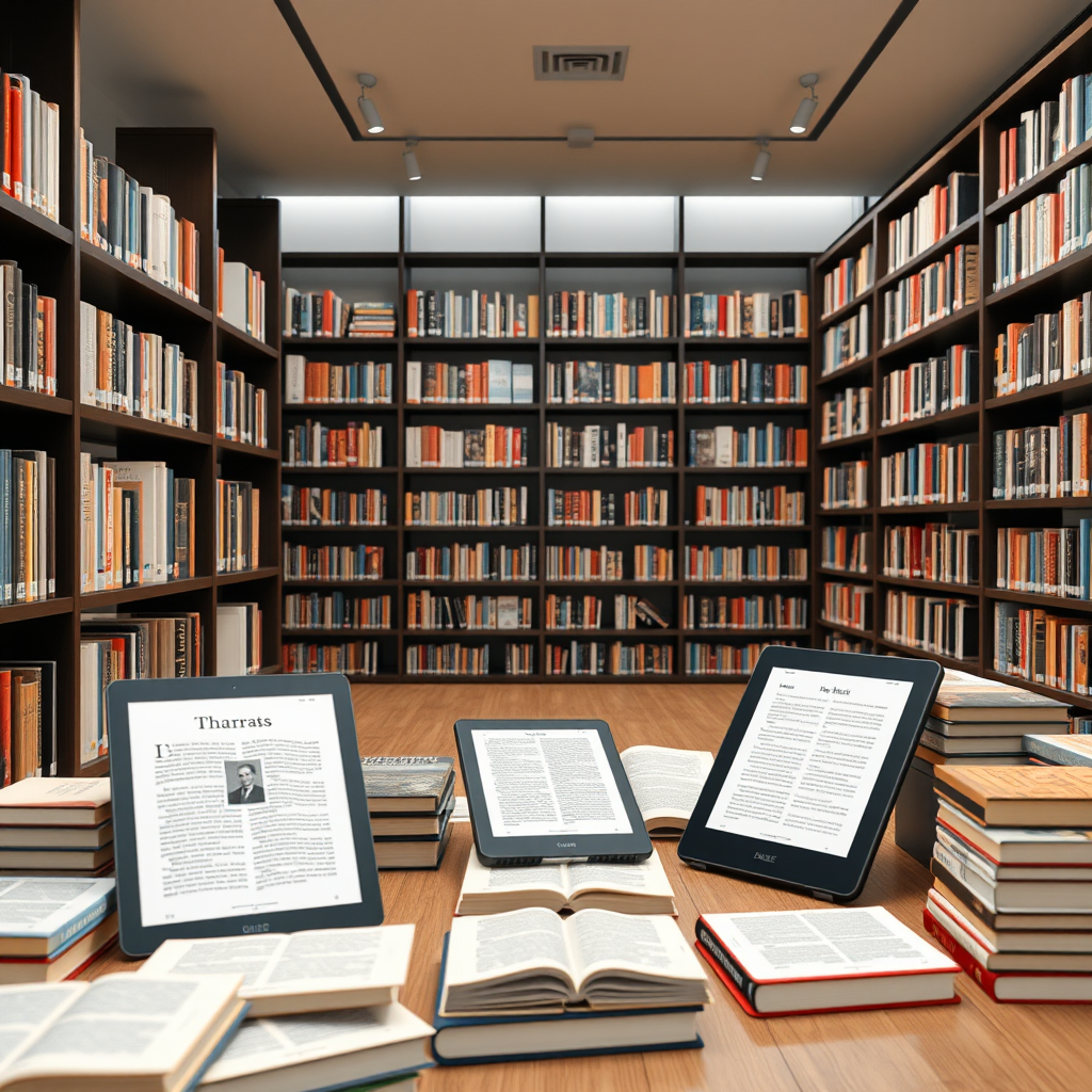 Moderne digitale bibliotheek interface met duizenden boeken, e-readers en tablets die toegang bieden tot een uitgebreide collectie literatuur