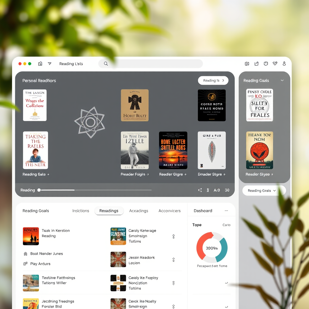 Een moderne interface van persoonlijke leeslijsten met verschillende boeken georganiseerd in categorieën, voortgangsbalk en leesdoelen dashboard