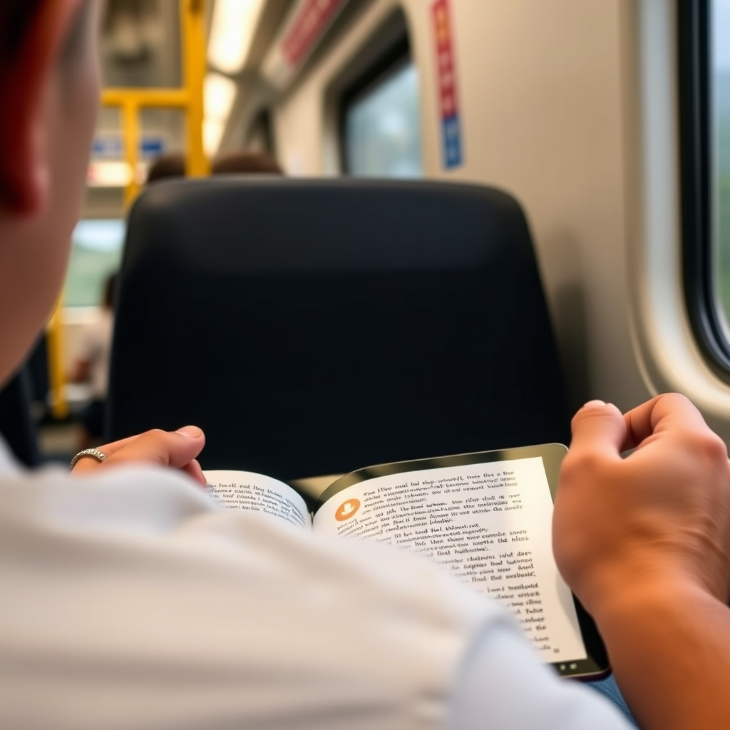 Persoon die een e-book leest op een tablet tijdens een treinreis, met downloadpictogrammen en offline-indicatoren zichtbaar op het scherm