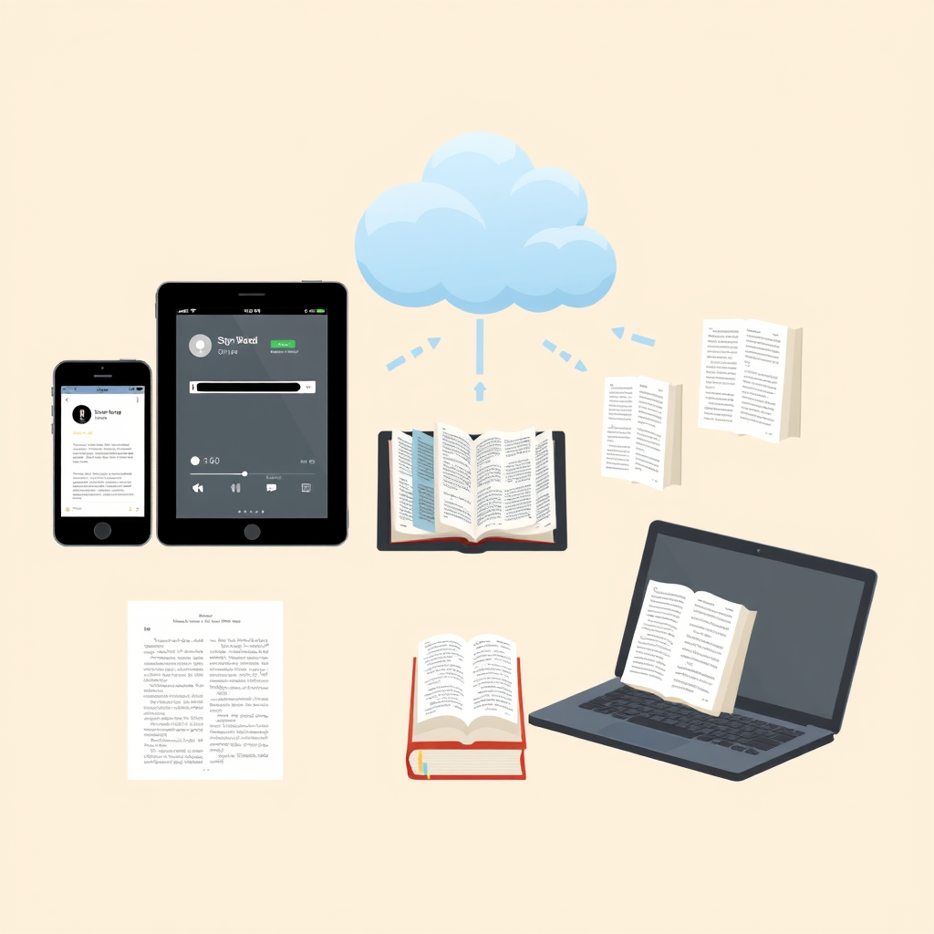 Illustratie van verschillende apparaten (smartphone, tablet, laptop) die synchroniseren met een cloud-systeem, met leesvoortgang indicatoren en boeken die naadloos overgaan tussen apparaten