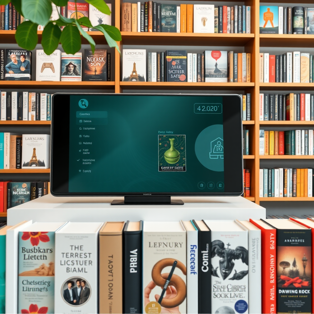 Moderne digitale bibliotheek interface met honderden nieuwe e-books georganiseerd in verschillende categorieën, met glanzende boekomslagen en een elegante turquoise interface