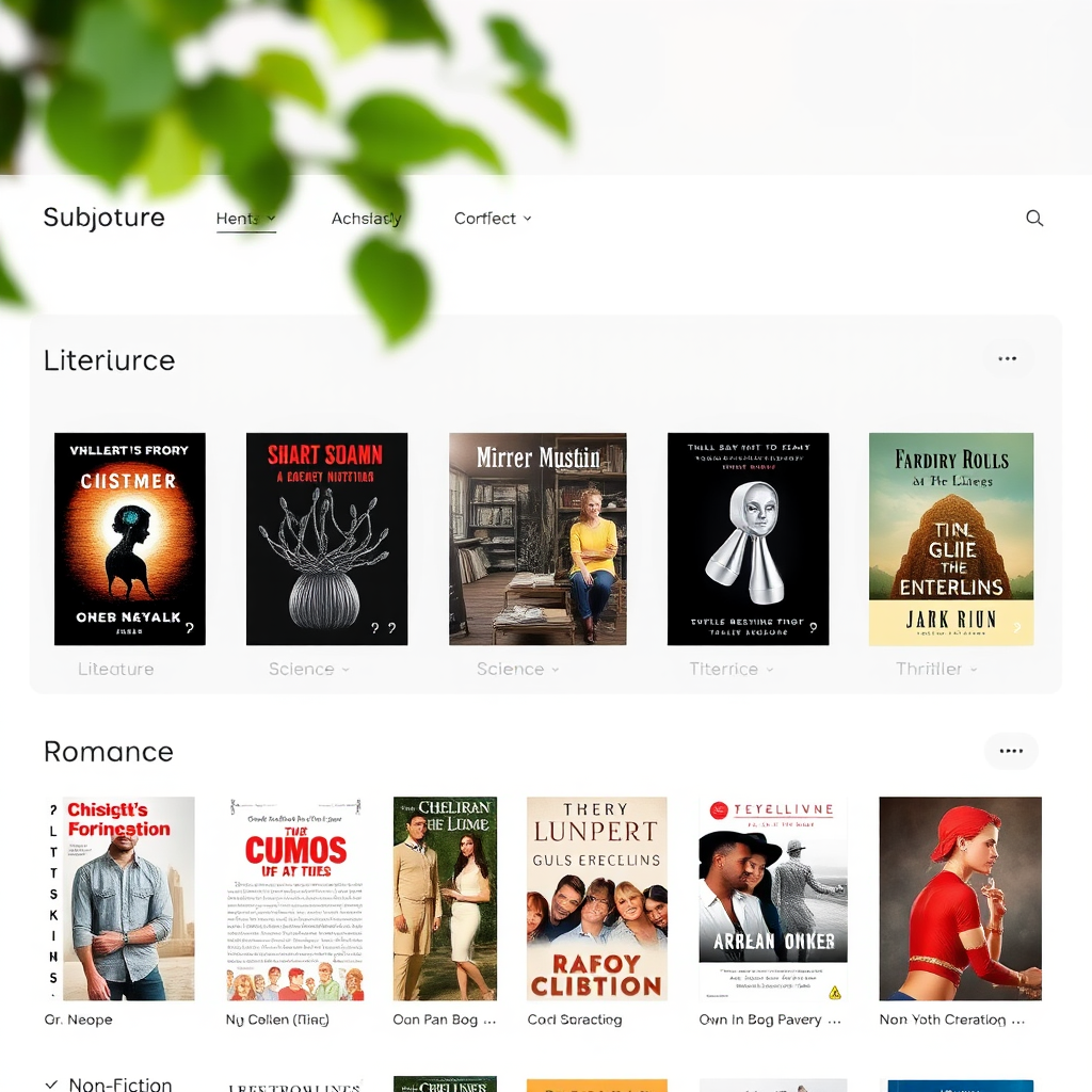 Overzicht van verschillende boekgenres georganiseerd in categorieën zoals literatuur, wetenschap, thriller, romance en non-fictie met moderne interface