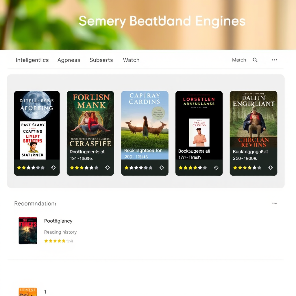 Artificial intelligence recommendation engine interface showing personalized book suggestions with cover images, ratings, and match percentages based on user reading history and preferences