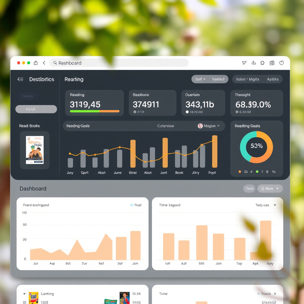 Een gedetailleerd dashboard met leesstatistieken, voortgangsbalken, maandelijkse doelen en een overzicht van gelezen boeken met grafieken