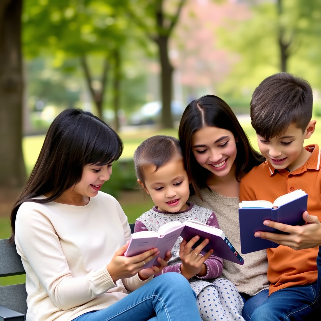 Familie die samen boeken leest op verschillende apparaten in een park, met offline-indicatoren die tonen dat ze geen internetverbinding nodig hebben