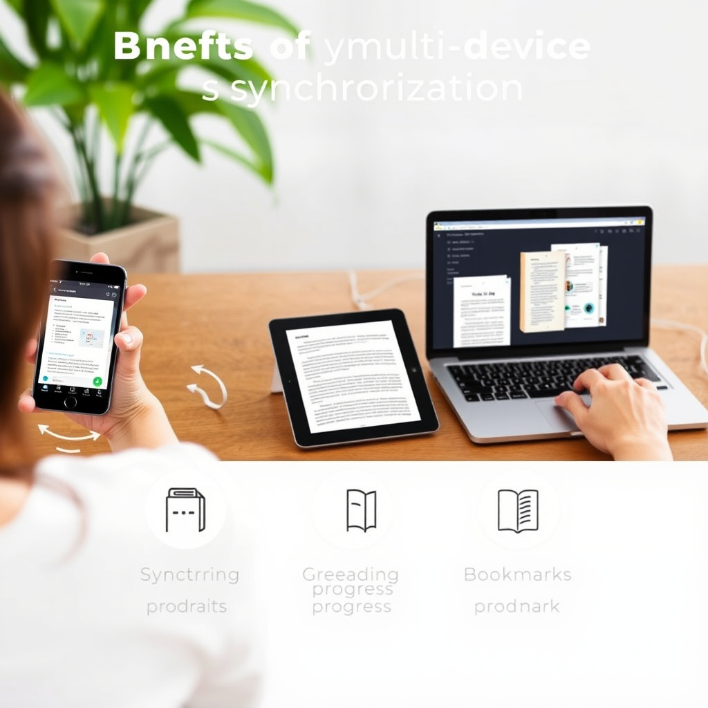 Grafische weergave van de voordelen van multi-device synchronisatie: een gebruiker die naadloos overstapt van smartphone naar tablet naar laptop, met visuele indicatoren van gesynchroniseerde leesvoortgang en bladwijzers