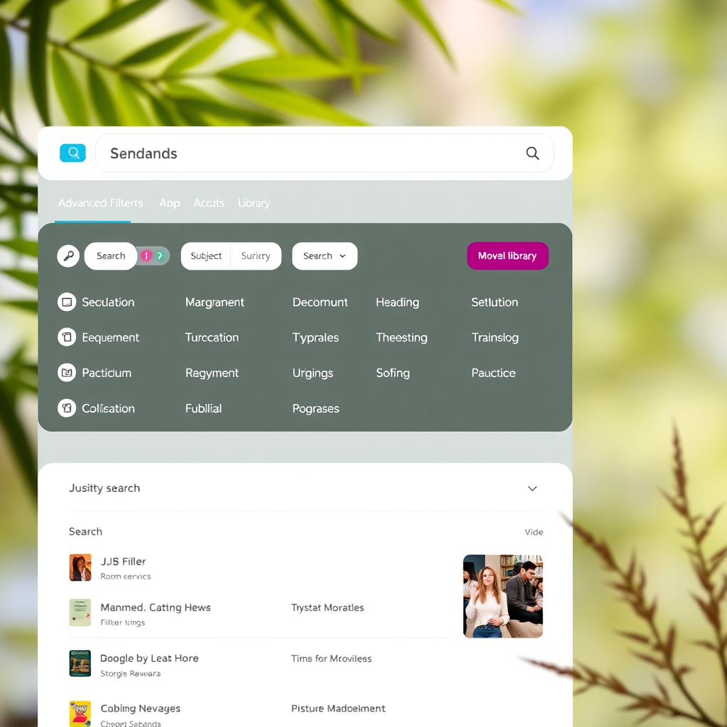Geavanceerde zoekinterface met moderne filters en zoekbalk, turquoise accenten en magenta highlights, gebruikersvriendelijke bibliotheek zoekfunctionaliteit