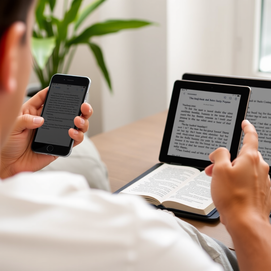 Persoon die hetzelfde e-book leest op verschillende apparaten - smartphone, tablet en laptop - met gesynchroniseerde leesvoortgang