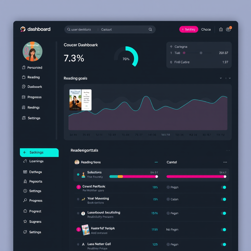 User dashboard interface showing personalized reading statistics, book recommendations, reading goals progress, and account settings in a modern dark-themed design with turquoise and magenta accents