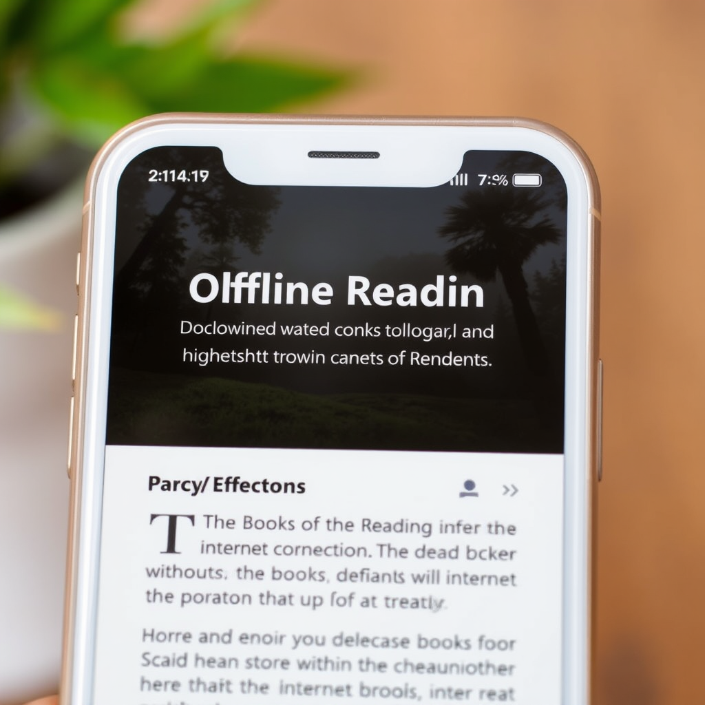 Een mobiele app interface die offline leesmogelijkheden toont met gedownloade boeken beschikbaar zonder internetverbinding, perfect voor reizen