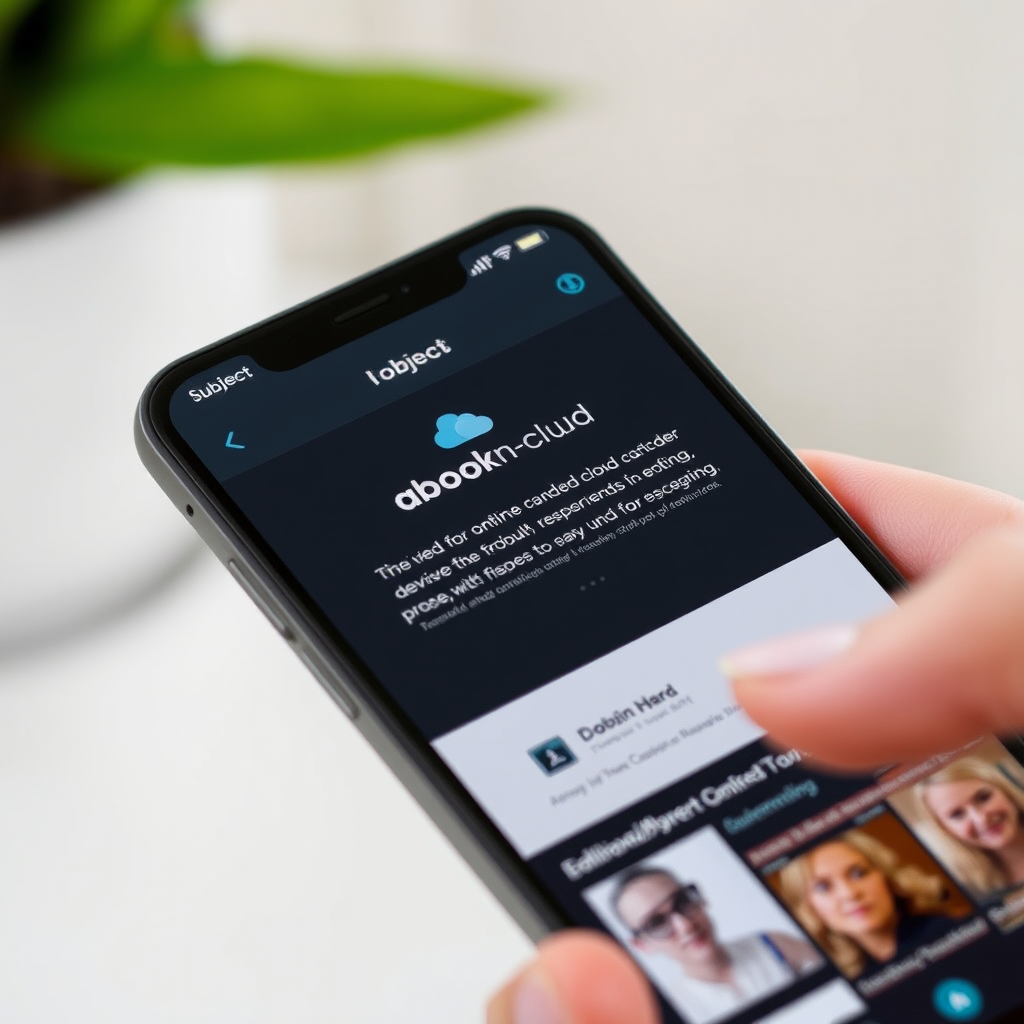 Moderne smartphone met Abookn-Cloud app interface, offline leesfunctie geactiveerd, donkere elegante design met turquoise accenten en downloadpictogrammen
