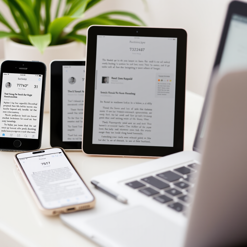 Meerdere apparaten (smartphone, tablet, laptop) die synchronisatie tonen van leesvoortgang en bladwijzers tussen alle platforms